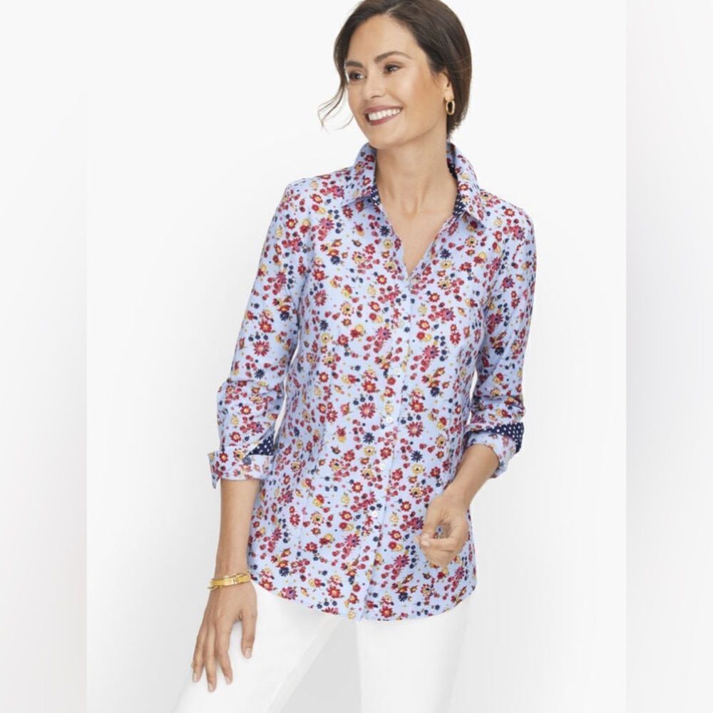 Talbots Petites Blouse Colorful Floral Print Long Sleeve Button Up Top Size S SP